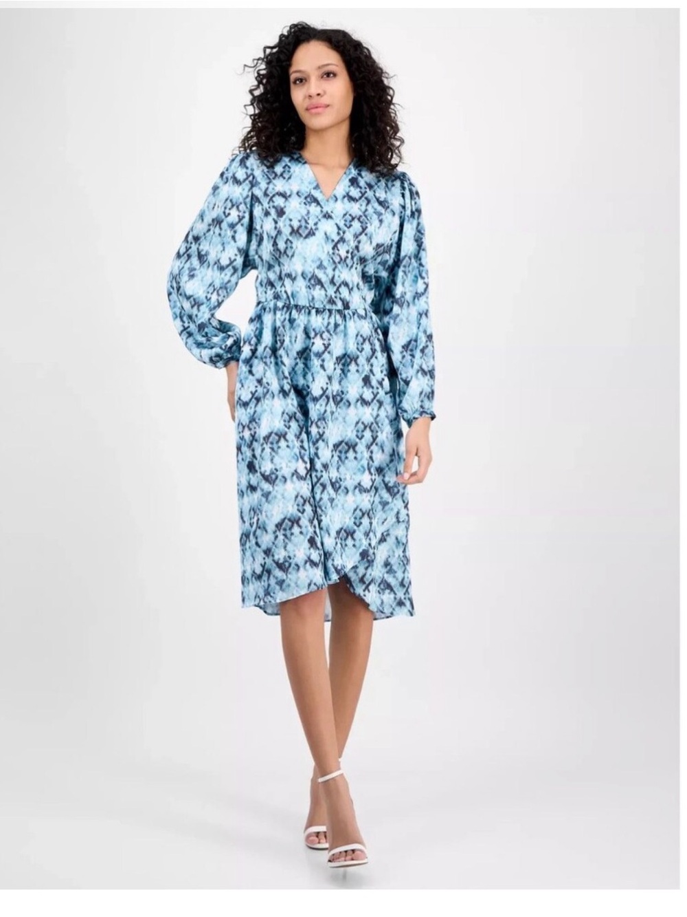 BOSS ORANGE Blue Tie-Dye V-Neck Long Sleeve Midi Dress